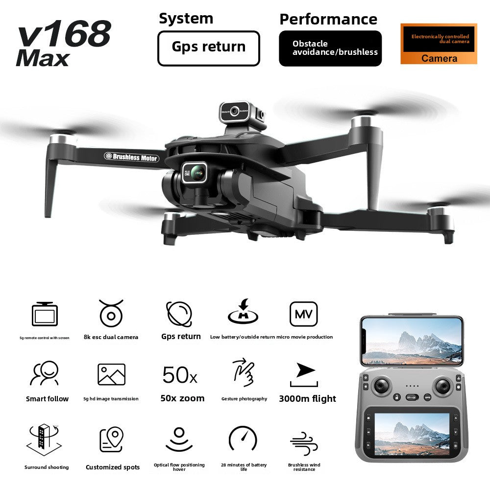 V168MAX Brushless Drone with Screen GPS Auto Return 8K HD Aerial Photography Remote Control Airplane   SKU:V168max Gift Box [Sony Lens + Digital Image Transmission + GPS Smart Return]